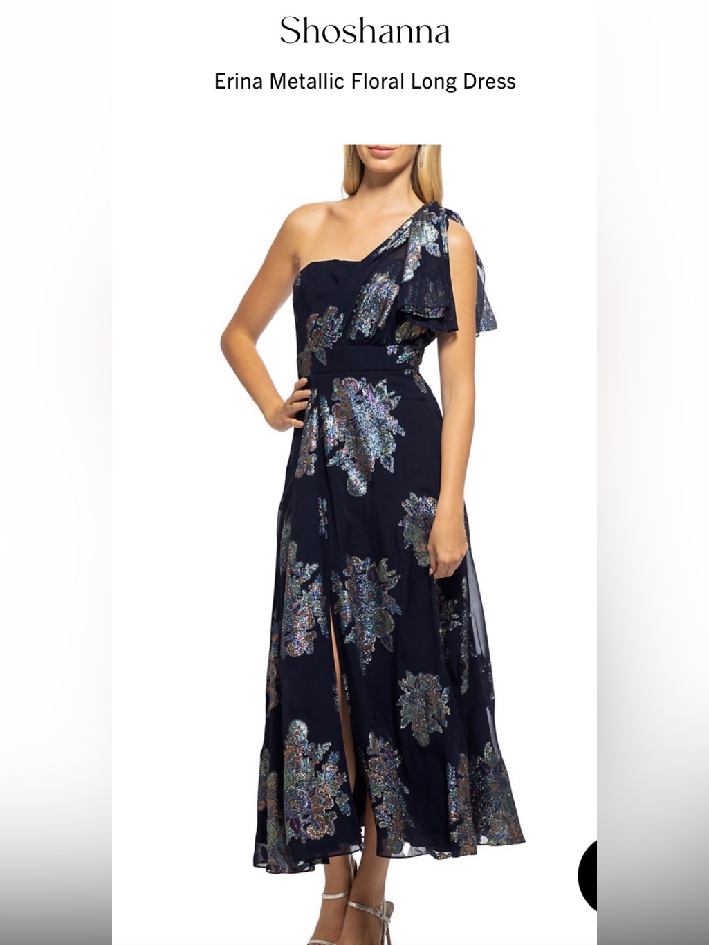 Shoshanna Navy One-Shoulder Evening Gown With Metallic Floral Accents